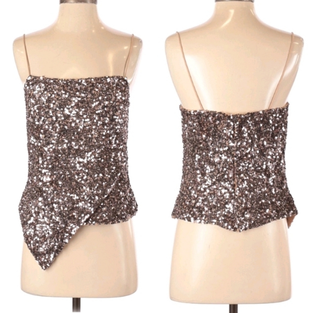 Cache Silver Sequin Asymmetrical Camisole Top
